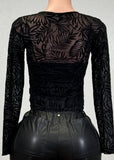 EDEN BLACK LEAVES DETAIL MESH LONG SLEEVE TOP