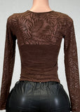 EDEN BROWN LEAVES DETAIL MESH LONG SLEEVE TOP