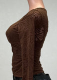 EDEN BROWN LEAVES DETAIL MESH LONG SLEEVE TOP