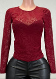 EDEN BURGUNDY LEAVES DETAIL MESH LONG SLEEVE TOP