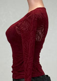 EDEN BURGUNDY LEAVES DETAIL MESH LONG SLEEVE TOP