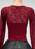 EDEN BURGUNDY LEAVES DETAIL MESH LONG SLEEVE TOP