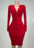 BIRDIE RED MESH RUCHED BODYCON V-NECK MIDI DRESS