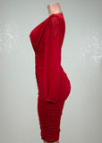 BIRDIE RED MESH RUCHED BODYCON V-NECK MIDI DRESS