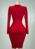 BIRDIE RED MESH RUCHED BODYCON V-NECK MIDI DRESS