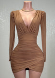 ROBIN MOCHA MESH RUCHED TULIP WRAP V-NECK MINI DRESS