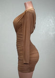 ROBIN MOCHA MESH RUCHED TULIP WRAP V-NECK MINI DRESS