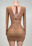 ROBIN MOCHA MESH RUCHED TULIP WRAP V-NECK MINI DRESS