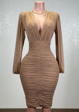BIRDIE MOCHA MESH RUCHED BODYCON V-NECK MIDI DRESS