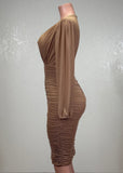 BIRDIE MOCHA MESH RUCHED BODYCON V-NECK MIDI DRESS