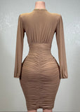 BIRDIE MOCHA MESH RUCHED BODYCON V-NECK MIDI DRESS