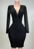 BIRDIE BLACK MESH RUCHED BODYCON V-NECK MIDI DRESS