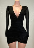 ROBIN BLACK MESH RUCHED TULIP WRAP V-NECK MINI DRESS