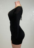 ROBIN BLACK MESH RUCHED TULIP WRAP V-NECK MINI DRESS