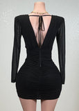 ROBIN BLACK MESH RUCHED TULIP WRAP V-NECK MINI DRESS