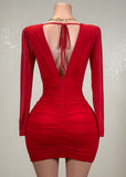 ROBIN RED MESH RUCHED TULIP WRAP V-NECK MINI DRESS