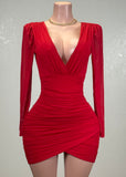 ROBIN RED MESH RUCHED TULIP WRAP V-NECK MINI DRESS