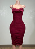 SKY BURGUNDY MESH RUCHED BODYCON STRAPPY MINI DRESS
