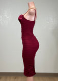 SKY BURGUNDY MESH RUCHED BODYCON STRAPPY MINI DRESS