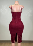 SKY BURGUNDY MESH RUCHED BODYCON STRAPPY MINI DRESS
