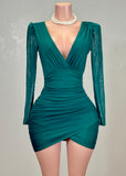 ROBIN GREEN MESH RUCHED TULIP WRAP V-NECK MINI DRESS