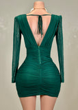 ROBIN GREEN MESH RUCHED TULIP WRAP V-NECK MINI DRESS