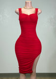 SUNLIGHT RED MESH RUCHED BODYCON MINI DRESS