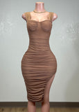 SUNLIGHT MOCHA MESH RUCHED BODYCON MINI DRESS