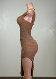 SUNLIGHT MOCHA MESH RUCHED BODYCON MINI DRESS