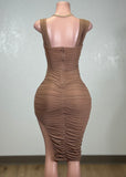 SUNLIGHT MOCHA MESH RUCHED BODYCON MINI DRESS
