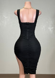 SUNLIGHT BLACK MESH RUCHED BODYCON MINI DRESS