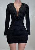 SYLVIE BLACK MESH RUCHED DEEP V-NECK MINI DRESS