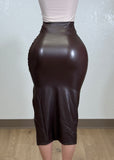 LORNA COFFEE BROWN FAUX LEATHER MIDI SKIRT