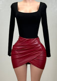 ELIANA CHERRY RED WRAP TULIP STRETCH FAUX LEATHER MINI SKIRT