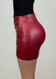 ELIANA CHERRY RED WRAP TULIP STRETCH FAUX LEATHER MINI SKIRT