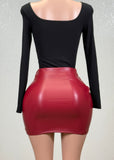 ELIANA CHERRY RED WRAP TULIP STRETCH FAUX LEATHER MINI SKIRT