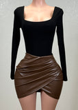 ELIANA BROWN WRAP TULIP STRETCH FAUX LEATHER MINI SKIRT