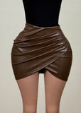 ELIANA BROWN WRAP TULIP STRETCH FAUX LEATHER MINI SKIRT