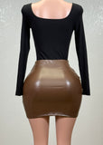 ELIANA BROWN WRAP TULIP STRETCH FAUX LEATHER MINI SKIRT