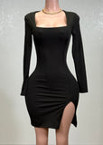 SOPHY BLACK SQUARE NECK LONG SLEEVE RIB SLIT MIDI DRESS