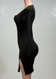 SOPHY BLACK SQUARE NECK LONG SLEEVE RIB SLIT MIDI DRESS