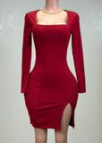 SOPHY RED SQUARE NECK LONG SLEEVE RIB SLIT MIDI DRESS