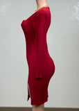 SOPHY RED SQUARE NECK LONG SLEEVE RIB SLIT MIDI DRESS