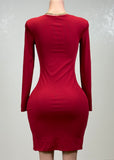 SOPHY RED SQUARE NECK LONG SLEEVE RIB SLIT MIDI DRESS