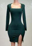 SOPHY GREEN SQUARE NECK LONG SLEEVE RIB SLIT MIDI DRESS