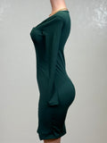 SOPHY GREEN SQUARE NECK LONG SLEEVE RIB SLIT MIDI DRESS