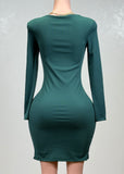 SOPHY GREEN SQUARE NECK LONG SLEEVE RIB SLIT MIDI DRESS