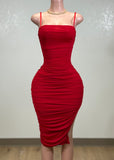 AUDREY RED MESH RUCHED BODYCON MIDI DRESS