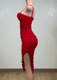 AUDREY RED MESH RUCHED BODYCON MIDI DRESS