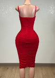 AUDREY RED MESH RUCHED BODYCON MIDI DRESS